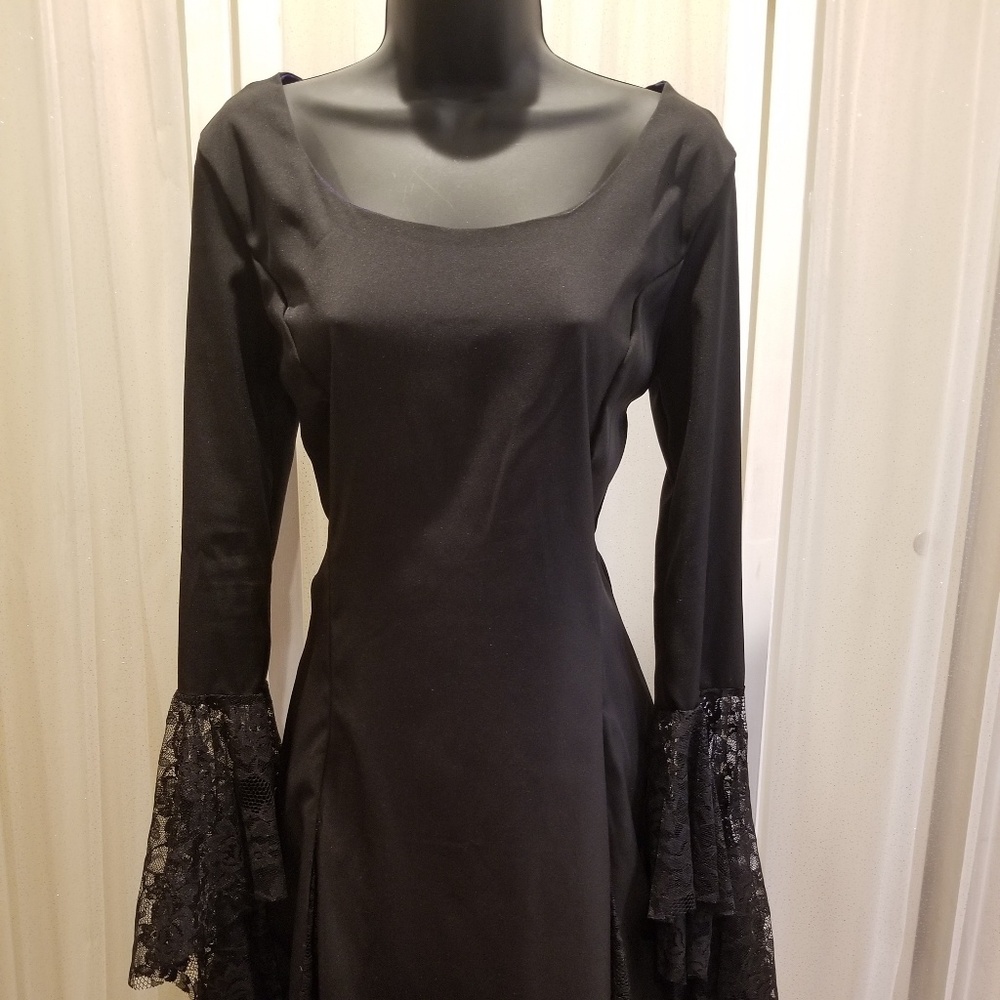 Fit and flare black dress with lace sleeves.